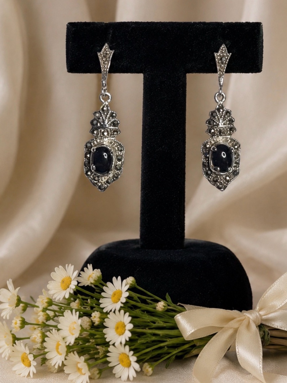 Earrings Victorian 925 Sterling Silver Black Onyx Gemstone Marcasite Vintage